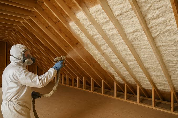 Airtight spray foam application along residential roof rafters.